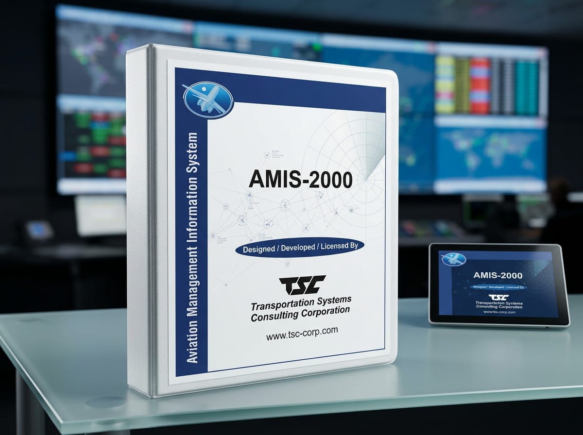 Manual del sistema AMIS-2000, Aviation Management Information System, sobre un escritorio con pantallas de operaciones al fondo